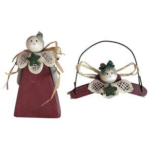 Claudette's Cat Ornaments Set of 2 Wood Hand Painted Angels Rustic Farmhouse VTG